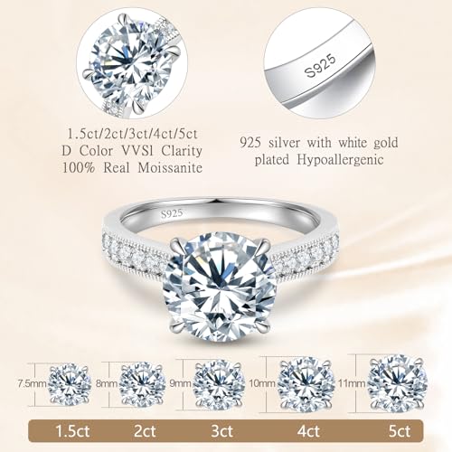 Flower Moissanite Engagement Rings for Women, Women's 925 Sterling Silver Engagement Ring Moissanite Promise Rings for Her,D Color VVS1 Wedding Bands Moissanite Rings 3CT Size 92