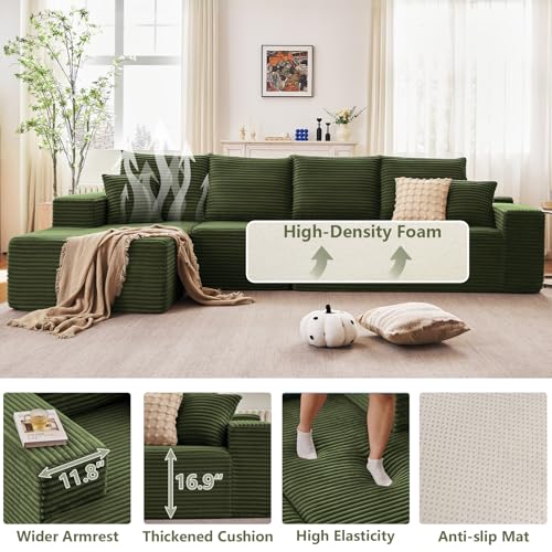 Image of 135 inch Cloud Sectional Couch with L-Shape Chaise, Modern Modular Comfy Sofa with Deep Seat, Upholstered Corduroy Couches Sleeper Chaise Longue for Living Room Bedroom, No Assembly Required, Green