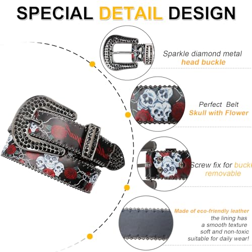 Skull Rhinestone Belt Western Belts for Men Women Y2k Goth Emo Skull Sequin Belt Cowgirl Cowboy Belt2