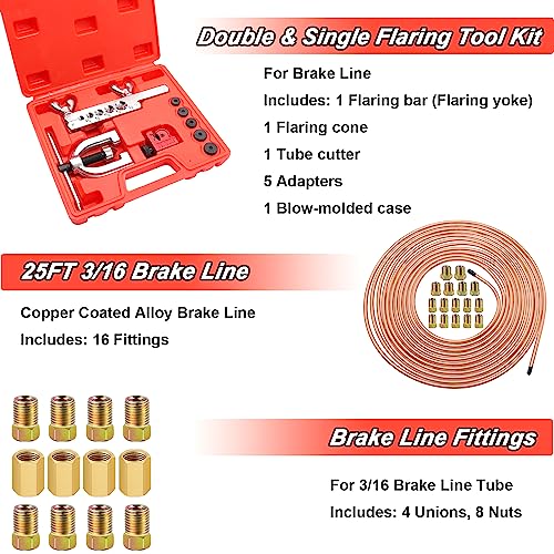 Tnisesm 3/16 Copper Coated Brake Line Kit 25 ft + Blue Tube Bender+ Copper Aluminum Brake Line Double & Single Flaring Tool Kit,Consisting of 4 Unions Brake Line Fittings and 16 Fittings - Thumbnail 3