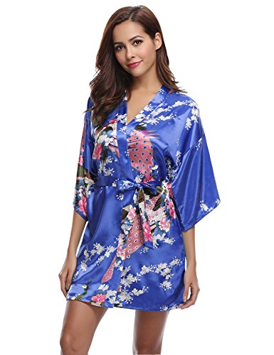 Aibrou Women's Kimono Robe Satin Peacock Bathrobe Short Silk Bridal Robe Diamond Blue