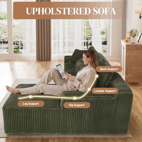 Image of 110 inch L Shaped Cloud Boneless Sectional Couches for Living Room, Modern Comfy Modular Deep Seat Memory Foam Compressed Corduroy Sofa Oversized Right Facing Chaise, No Assembly Required, Green
