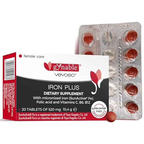 Gentle Iron Supplement for Women Anemia: Slow Release Iron Pills Clinically Shown to Support Iron for Prenatal Pregnant Patented SunActive Tech, with Folic Acid, B12, Vitamin C & B6, 18 mg, 20 Tablets