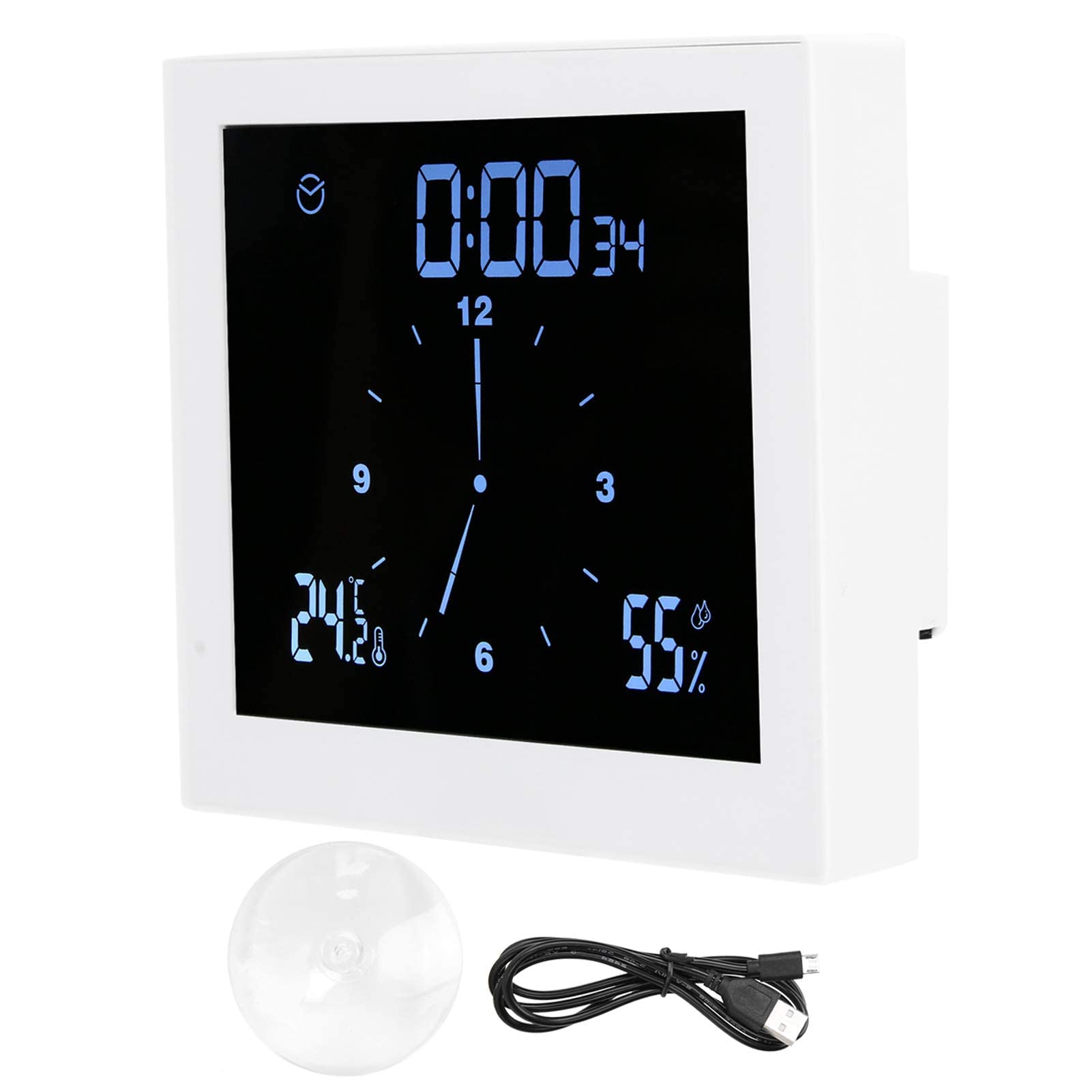 Ejoyous Reloj Pared con Termometro, Impermeable IP65 Reloj de Ducha Digital LCD Reloj de Ducha ℃ / ℉ Temperatura/Reloj de baño con función de Alarma y Temporizador de Cuenta atrás(Blanco)