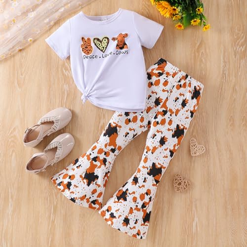 Image of Ayzozuy Kids Toddler Girl Clothes Letter Print Graphic Top + Leopard Print Flare Leg Pants 2PC Summer Clothing Set