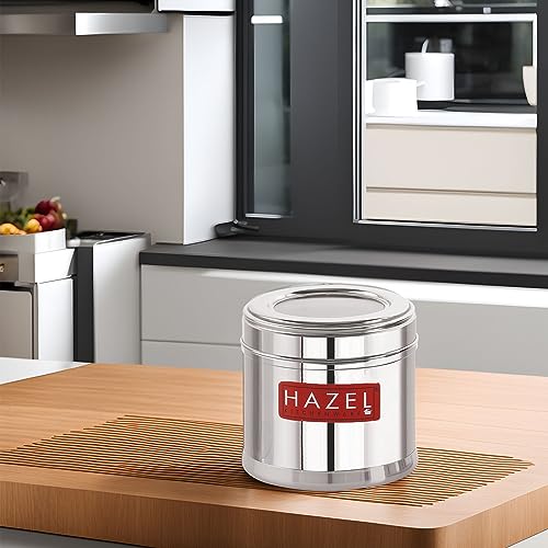 Image of HAZEL Masala Box for Kitchen with Airtight Lid | Stainless Steel Top See Through Storage Containers for Kitchen Air tight, 300 ML