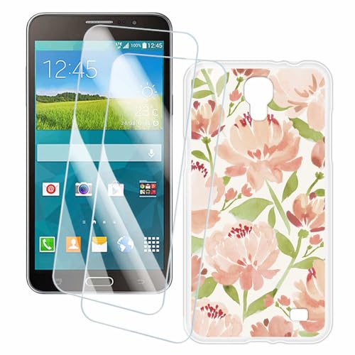 OAGELIM 2 Pack Screen Protector + Case Compatible with Samsung Galaxy Mega 2 G750F G7508 (6 inch) Case Artistic Cover and Tempered Glass Film Anti-Scratch (Flowers)