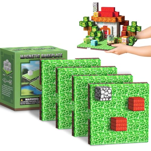 Youngyes Magnetic Blocks Baseplate - Magnet Toys for Kids 4PCS Baseplate for Minecraft Magnetic Building Blocks Placing 4 x 4 STEM Toys Birthday Gifts for Boys Girls Age 3+ Years Old Grassland