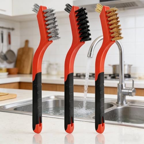 3pcs Wire Brushes for Cleaning Rust, Upgrade Wire Brush Set - Brass/Stainless Steel/Nylon Bristles,Wire Brushes for Paint and Stain, 7 Inches (Red and Black (3 Pieces))