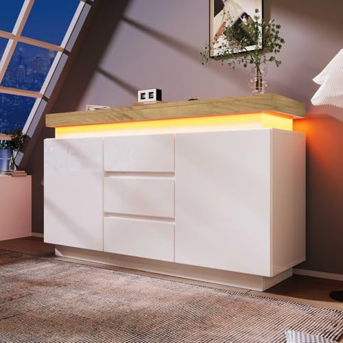 YEHTOKHOME Commode à 2 Portes et 3 tiroirs,Buffet Brillant, Armoire multifonctionnelle avec éclairage LED, organizzatore de Style Moderne (Blanc 1)