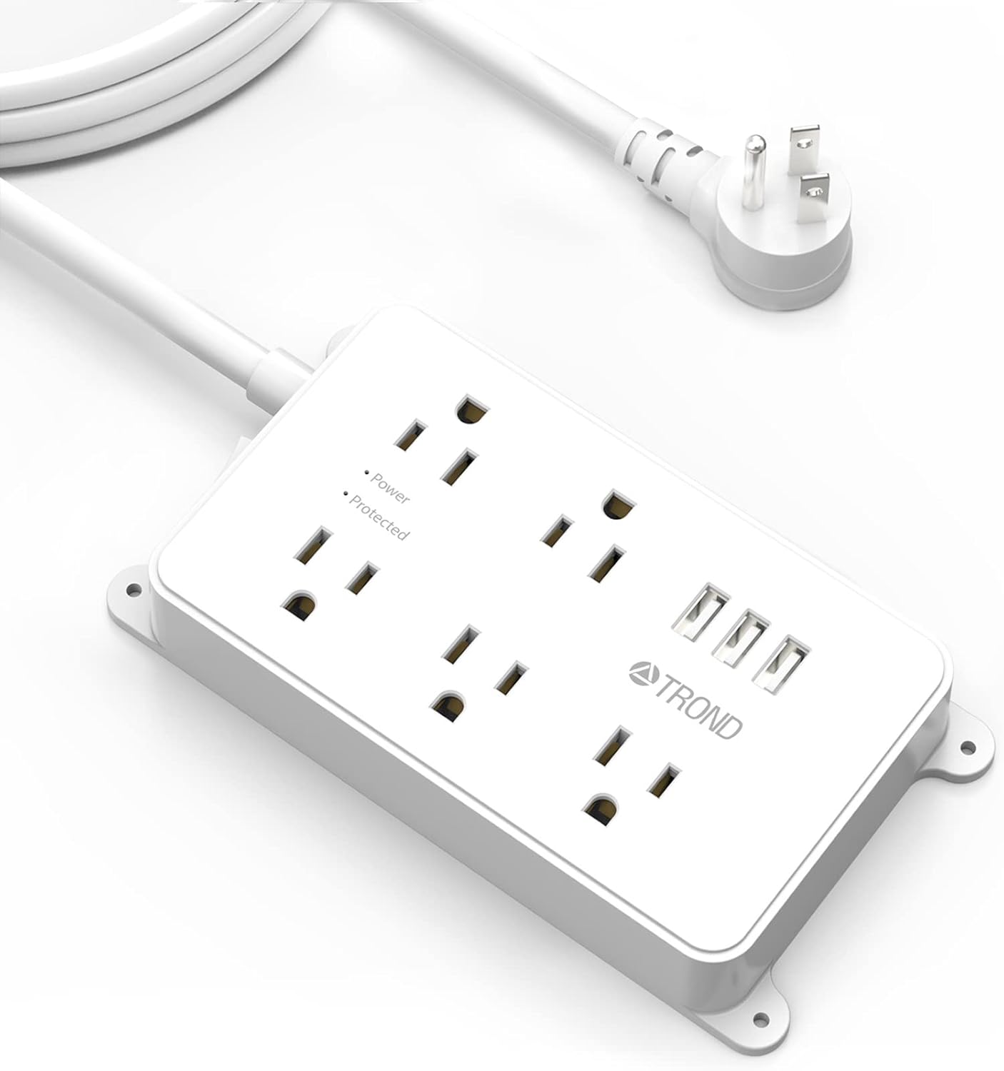 Power Strip Surge Protector Flat Plug, ETL Listed, TROND 5 Widely-Spaced Outlets with 3 USB Ports, 1300 Joules, Low Profile Extension Cord 10ft, Wall Mountable, White
