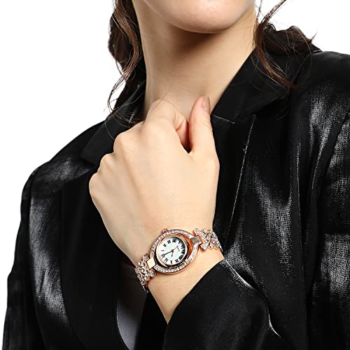 Image of Haute Sauce Women's Embellished Analog Dial with Stainless Steel Strap | Battery Power | Foldover Closure | Quartz Movement | Fashion Wrist Belt Watch for Female and Girls