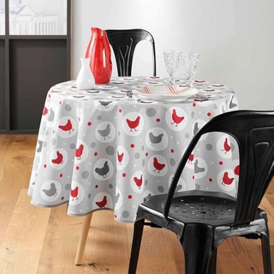 Générique Nappe Ronde 180 cm Suzette Gris Motif Poule Polyester Anti Tache et Infroissable