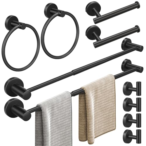 Bathroom Hardware Set, 2pcs 24in Retractable Hand Single Towel Bar with 2pcs Toilet Paper Holders, 2pcs Towel Rings 4 Multifunctional Robe Hooks