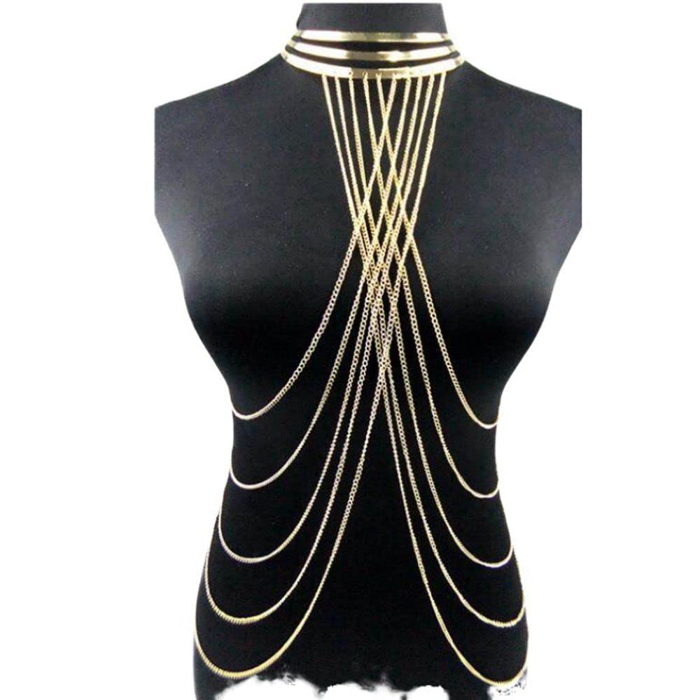 Damen-Bodysuit Körperkette Kettenschmuck Gold Sexy Körperkette Körper Kette Kettenschmuck Strass Partykette mehrschichtig Lange Brustkette Körper Bauch Schmuck BH Kette(Gold)