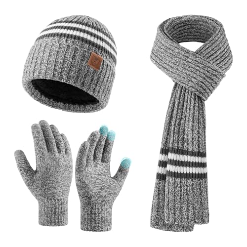 OZERO Unisex Schal Mütze Handschuhe 3er Set - Winteraccessoires Weiche Wolle - Winddicht & Wärmend - Touchscreen-Handschuhe - Geschenke für Herren/Paare/Familie