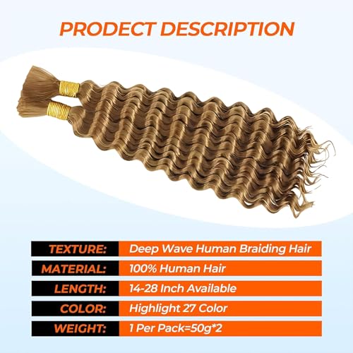 Human Braiding Hair for Boho Braids #27 22 Inch 2 Bundles 100g Deep Wave Bulk Human Boho Hair for Braiding 14A Virgin Curly Human Hair for Boho Knotless Braids Human Hair(P27, 22 Inch) - Image 3
