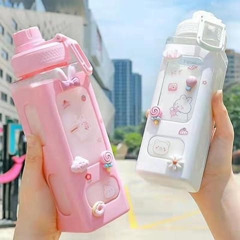 excvalues Kawaii Water Bottle with Straw Cute Large Water Bottles with Kawaii Stickers Aesthetic Leakproof Square Drinking Bottle (white 1) Cover