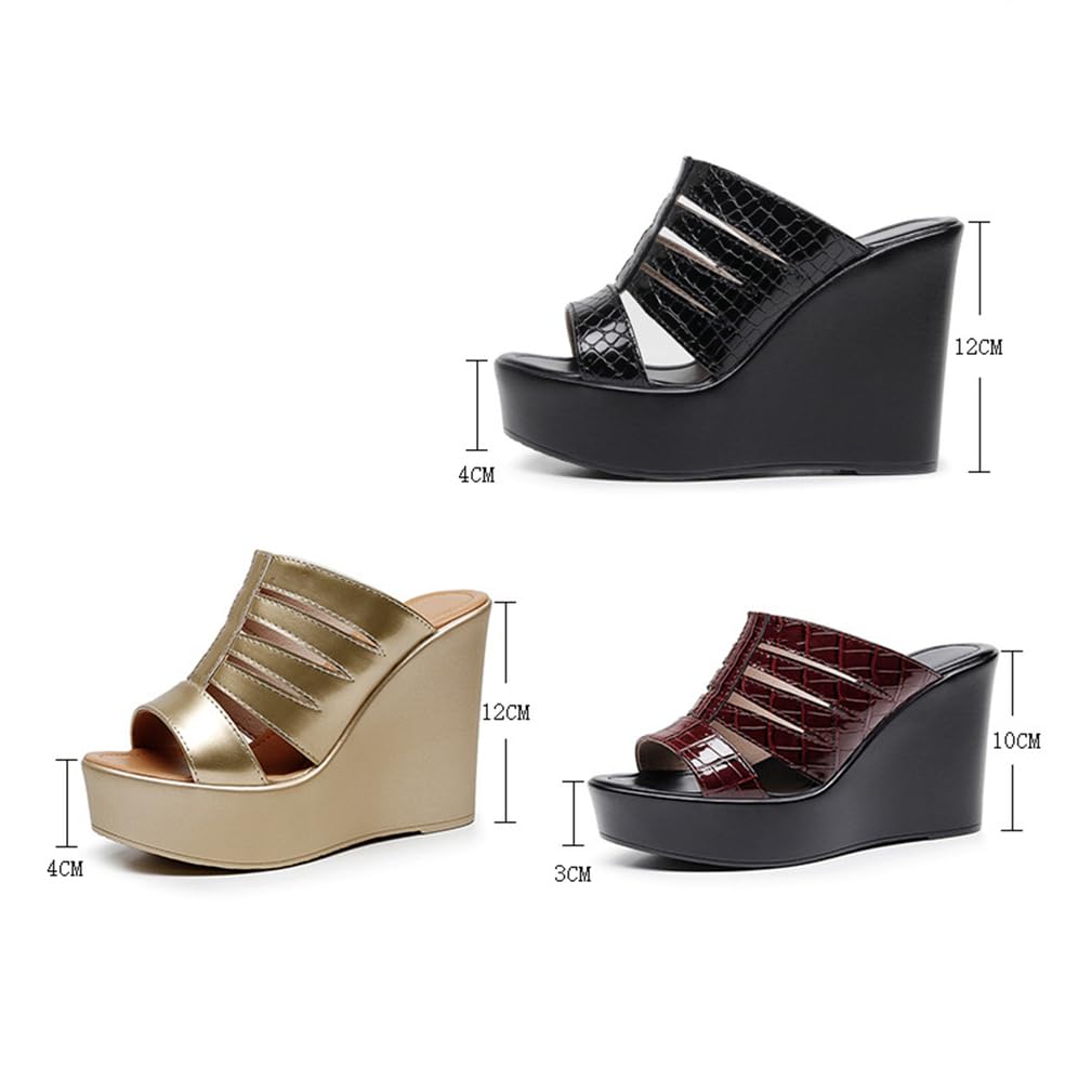 Sandalias con Cuña Mujer Plataforma Mules Metálico Calado Wedges Punta Abierta Tacón Alto Slip-on Zapatos de Fiesta Oro Negro 12cm