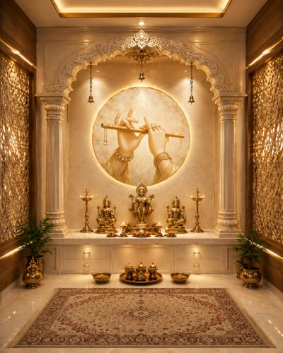 Image of Krishna Flute Circle Wallpaper for wall, Round Wall Art, Gold Marble Print, 3X3 Feet, Pooja Room Decor (91.4 X 91.4 cm)