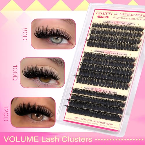 Image of D Lash Clusters Kit Thick Lash Extension Kit Volume Lash Clusters 80D+100D+120D Eyelash Clusters Kit 10-18mm Individual Lashes with Bond and Seal by FANXITON