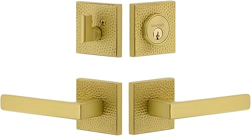 Viaggio 629905 Palanca Lusso de Roseta Martillada Cuadrato de latón satinado y cerrojo a juego, Backset: 2-3/8"