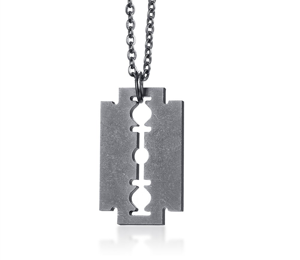 NECKLACE VALETHUANIAN Classic Stainless Steel Razor Blade Brushed Hippie Pendant Mens Necklace, 23 inch Chain