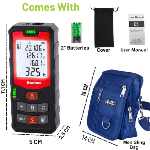 Image of Kwetmo Laser Measuring Device-Laser Distance Meter-Digital Distance Measurement Laser Machine, IP54 Waterproof Large LCD Backlit, Pythagorean Mode (50 MTR, Black)