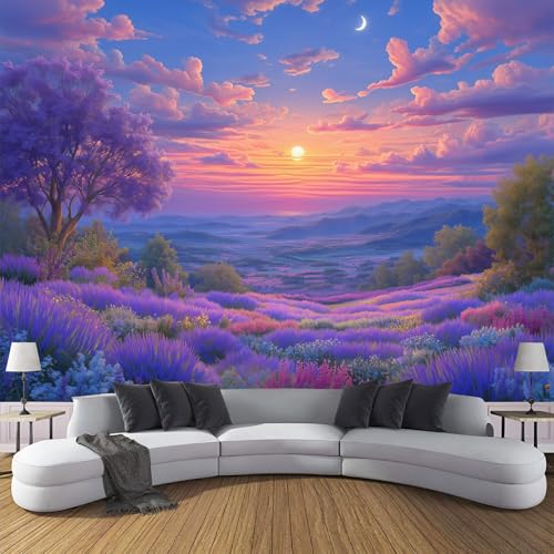 ZISTRCBAO Fondo De Pantalla Panorámica Atardecer En Campos De Lavanda 150x105cm, Estilo Provenzal Fotomurales Seda Para Salón Dormitorio Oficina Pared De Fondo De TV, Púrpura