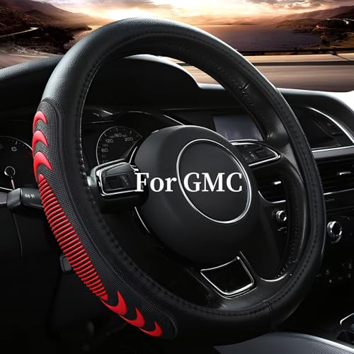 Leather Steering Wheel Cover for GMC Sierra 1500 2500 3500, 14.5-15 inches Car Steering Wheel Cover with Anti-Slip Massage Particle (Red)