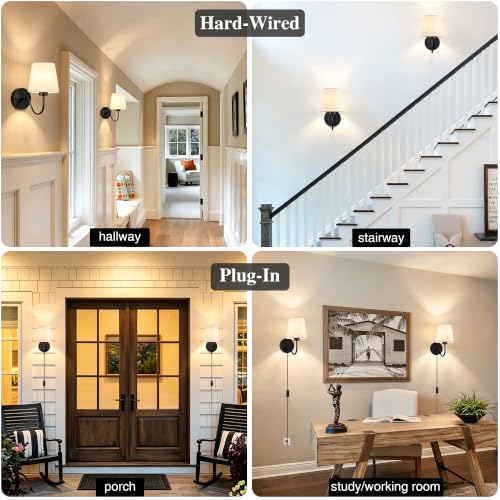 Image of LASENCHOO Plug in Wall Sconces Set of Two, Black Bedside Wall Lamps Lights | Vintage Wall Lights for Bedroom Living Room Hallway Entryway Porch, Plug in Cord 6.56ft, On /Off Switch, Fabric Lampshade, E26