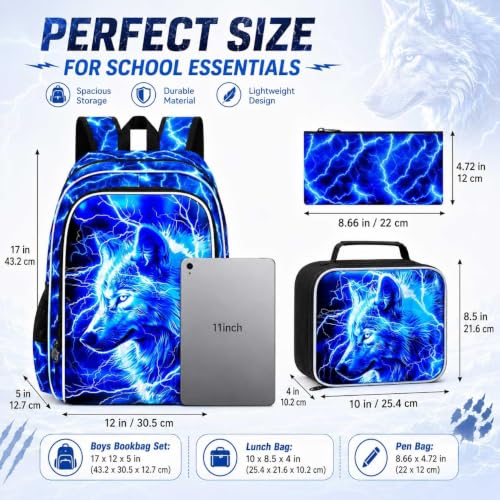 Image of 17 inch Wolf Backpack for School, Kids Boys Lightning Bookbag with Lunch Box, 3Pcs Backpacks for Elementary Preschool Kindergarten (Blue)