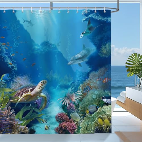 Bonhause Duschvorhang Meeresschildkröte Blau Ocean Unterwasser Duschvorhänge 180 x 180 cm Anti-Schimmel Wasserdicht Polyester Stoff Waschbar Bad Vorhäng für Badzimmer mit 12 Haken