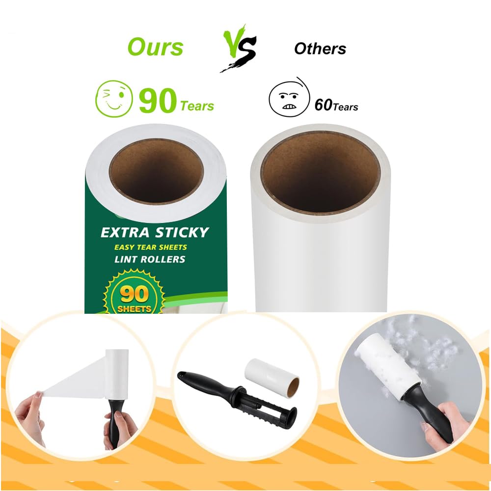 Extra klebrige Fusselroller-Nachfüllpackungen, passend für die meisten 9,9 cm - 10,2 cm Standardgröße mit Innendurchmesser von 3,8 cm, 8 Stück mit 720 Blatt insgesamt, Tierhaarentferner für Kleidung