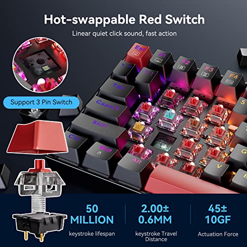 Image of Redragon Gaming Keyboard, Hotswap Mechanical Gaming Keyboard with Red Switches,Fully Programmable Wired Keyboard with Anti-Ghosting 84 Keys for Windows PC Laptop Mac,K629 RGB, Black