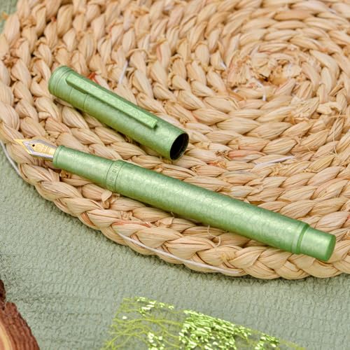 Image of Hongdian 1851 Forest Fountain Pen Applegreen Ice Flowers, Bent Nib Classic Design with Converter and Metal Pen Case