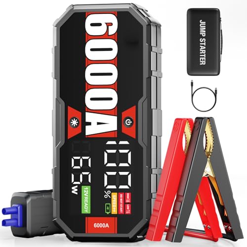 Car Battery Jump Starter 6000 Peak Amp Cranking Amp 12V Smart Display Jumper Cables with Force Start...
