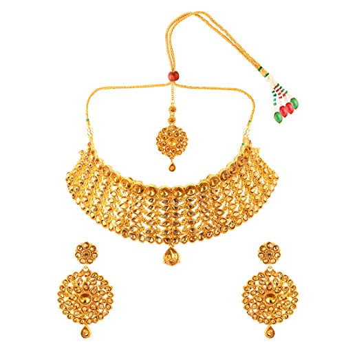 Image of Aheli Elegant Indian Faux Kundan Studded Choker Necklace with Maang Tikka Set Ethnic Wedding Wear Bharatanatyam jewellery set Gift for Women
