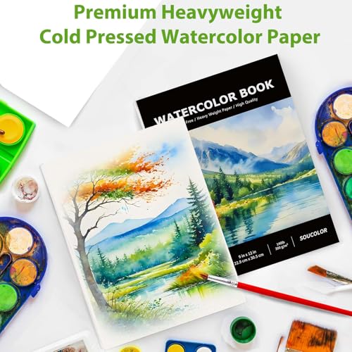 Image of Soucolor Watercolor Paper Pad 9x12 140lb Cold Press 40 Sheets Art Supplies | Professional Wet Techniques Water Color Paper,140lb /300gsm Artist Painting Book texture,Acid-free archival quality