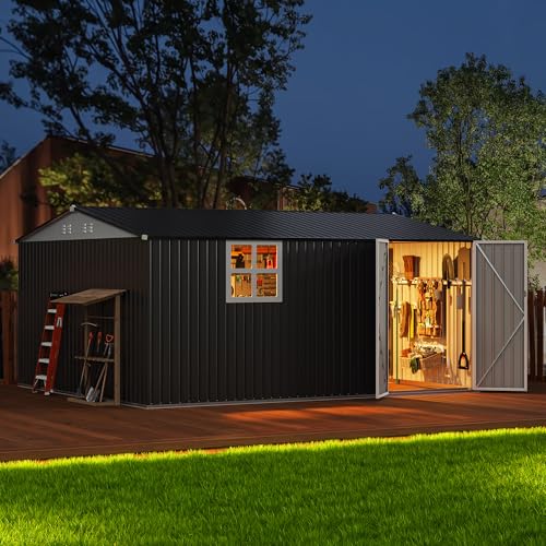 Image of AirWire 14x12 FT Outdoor Metal Storage Shed with Window, Heavy-Duty Galvanized Steel Tool Shed with Lockable Doors, Waterproof Garden Shed for Backyard, Patio, Lawn, Black