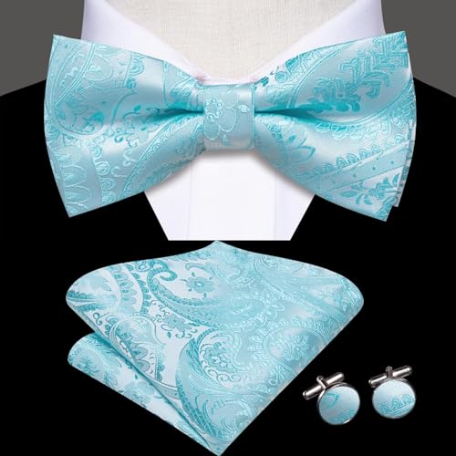 Image of Hi-Tie Bow Tie Men Pre Tied Bowtie Pocket Square Cufflinks Lapel Pin Formal Wedding Bow Ties for Men Party Tuxedo Bowtie Set,Light Blue Paisley Floral