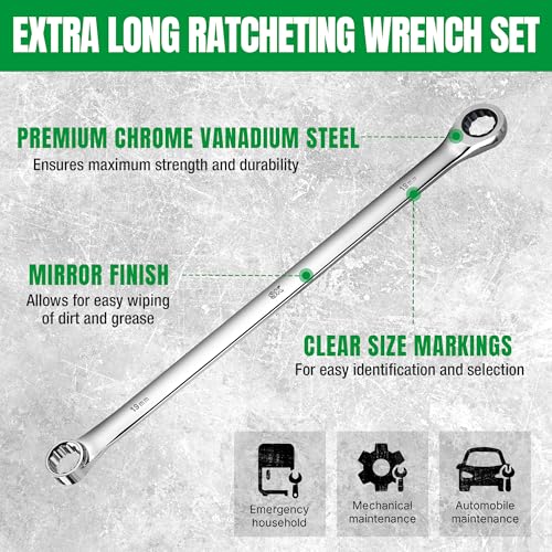Image of SK Extra Long Ratcheting Wrench Set, Double Box End Wrench Set, 12-Piece, Metric, 8 mm to 19 mm, 72-Tooth, Premium CR-V Construction, with Rolling Pouch