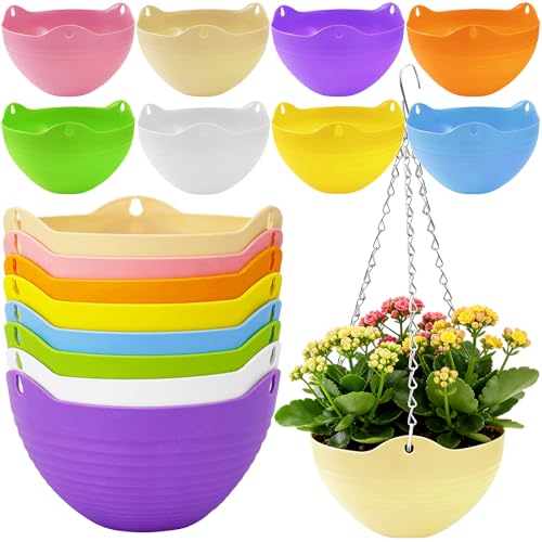 Bvrbaory 8 Pack Multicolor Hanging Planter Pots 8 Colors Garden Hanging Planters Round Hanging Basket Pot for Indoor Outdoor Garden Home Decor with Water Tray Metal Chain
