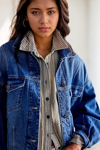 LifeShe Women's Oversized Denim Jacket Boyfriend Ripped Distressed Jean Jackets Casual Long Sleeve Trucker Coat3