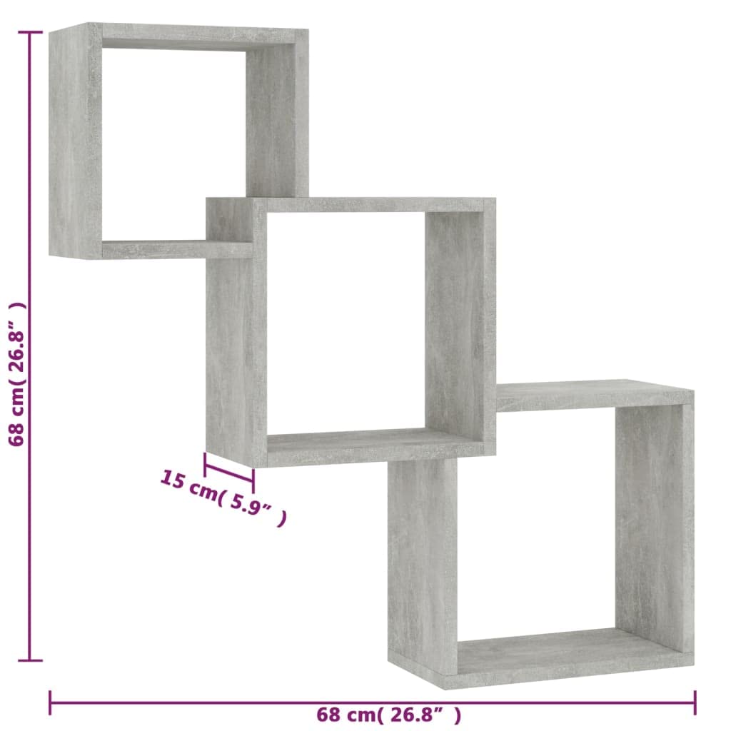 Set 3 Mensole a Muro Cubiche Grigio Cemento Legno 68x15x68 cm | Design ad incastro salvaspazio per soggiorno e camera. Tre cubi espositivi modulari per decorazioni, libri e soprammobili.