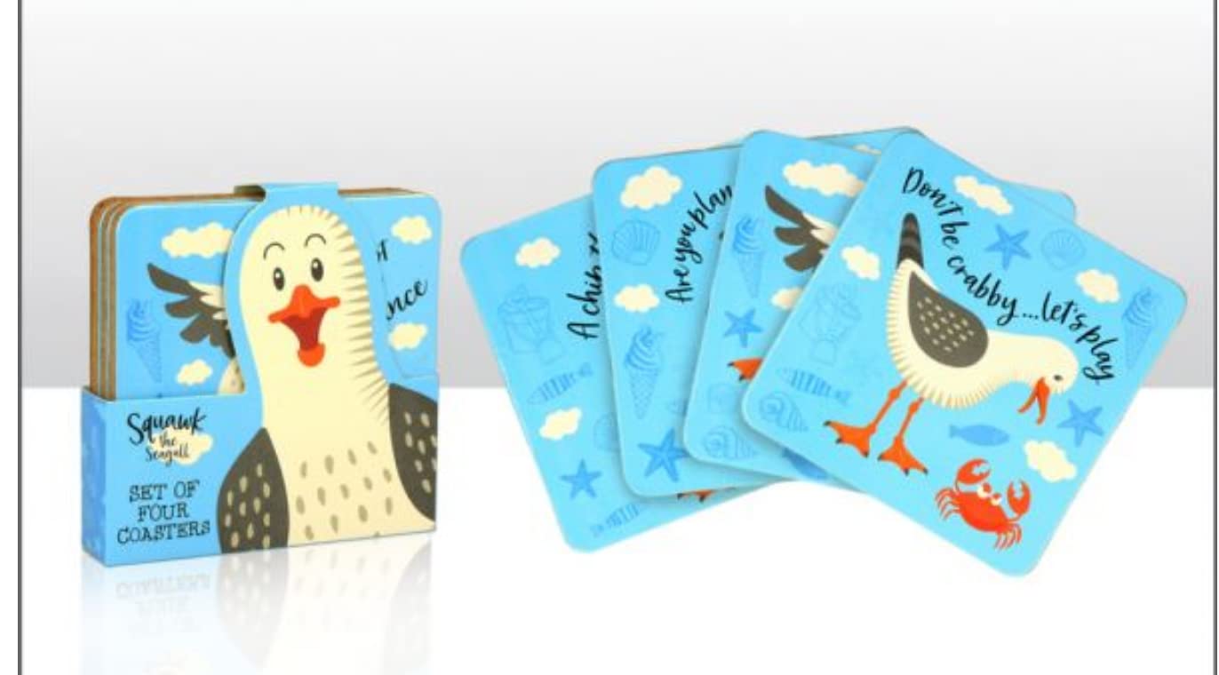 Squawk The Seagull Funny Cork Base Coasters Set of 4
