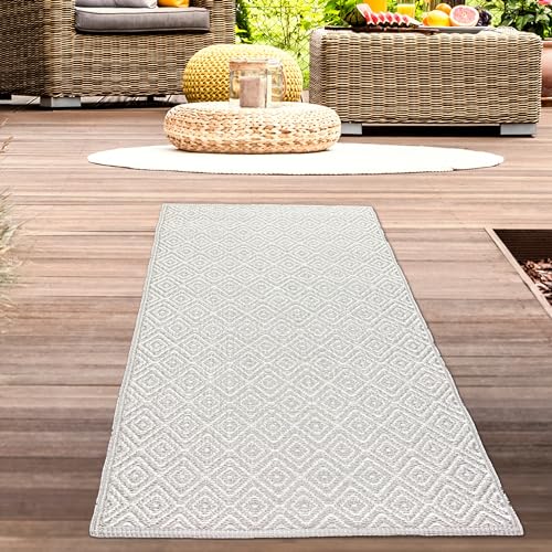 CARPETIA Outdoorteppich wetterfest wasserabweisend Plastik Vorzelt Camping Garten Balkon Terrassen Teppich Läufer kleine Rauten hellgrau 90 x 150 cm