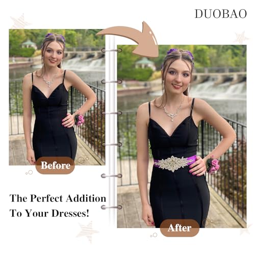 DUOBAO Crystal Rhinestone Applique Silver Wedding Sash Bridal Belts Pearl Appliques Handmade Rhinestones Belt With two 300cm Ribbons for Prom Bridesmaid Dress(9.8INx3.6IN/24.5cm x 9cm)4