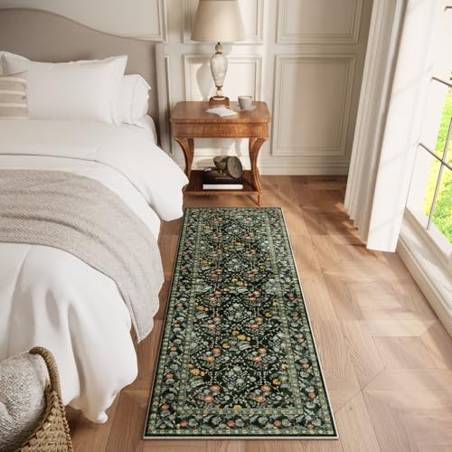 Image of Vintage Botanical Dark Green Washable Runners for Hallways, 2x6 Runner Rug Non Slip Ultra-Thin, Boho Soft Hallway Rug Forest Green Carpet for Kitchen Bedroom Bathroom Laundry Room