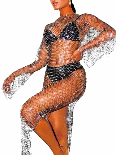 Fstrend Rhinestone Mesh Dress Cover Up Sparkly Crystal Fishnet Long Skirt Summer Beach Rave Festival Outfit for Women